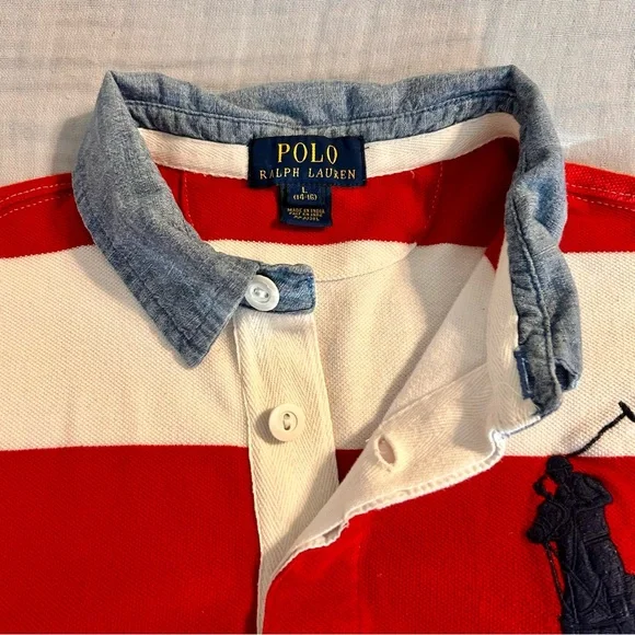 Ralph Lauren Boys Red and White Polo with Chambray Collar Sz L 14/16 - Picture 3 of 9